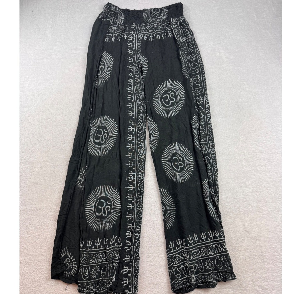 Earthbound Trading Co Black Om Print Side Slit Beach Pants Small Boho Festival